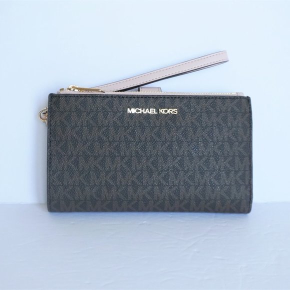 Michael Kors JST Double Zip Wristlet MK Brown Pink - Picture 1 of 9